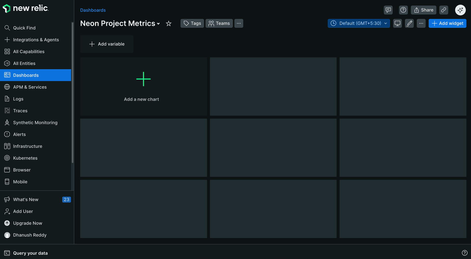 New Relic dashboard with Add a new chart button