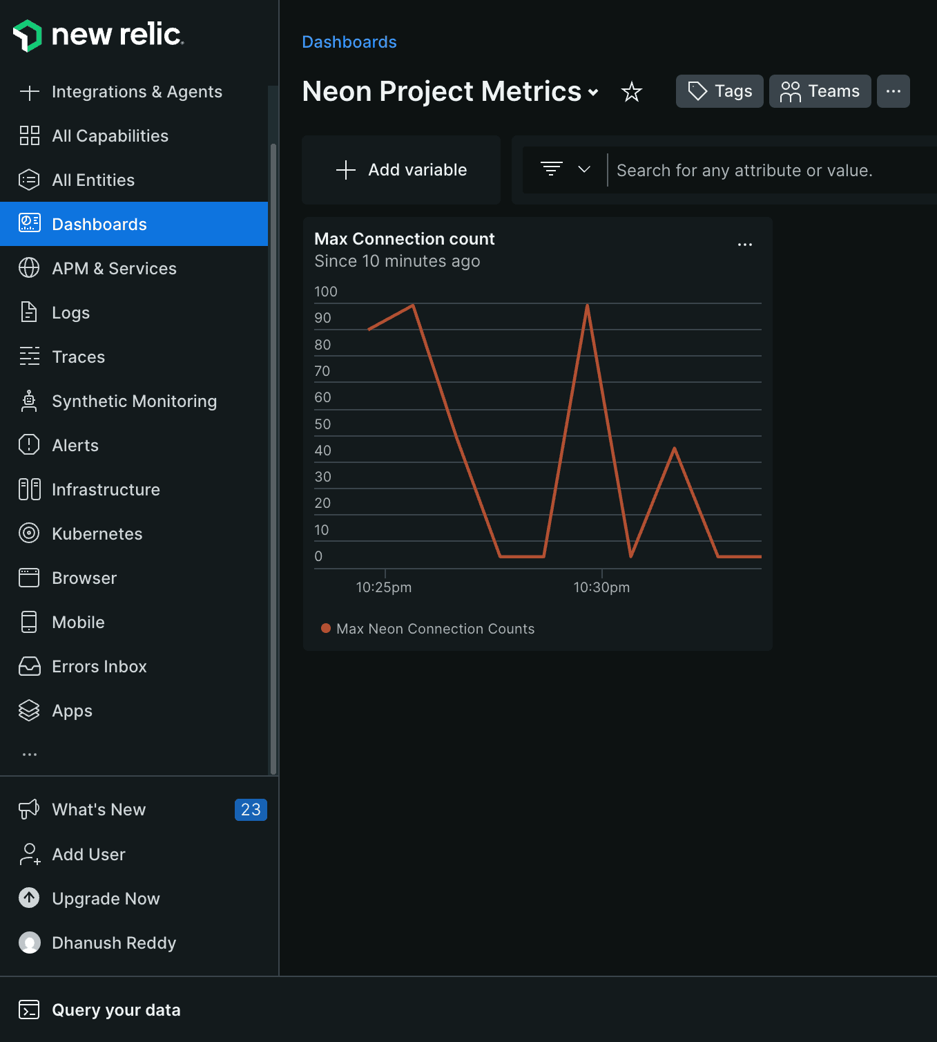 New Relic dashboard with Max Active Connections chart