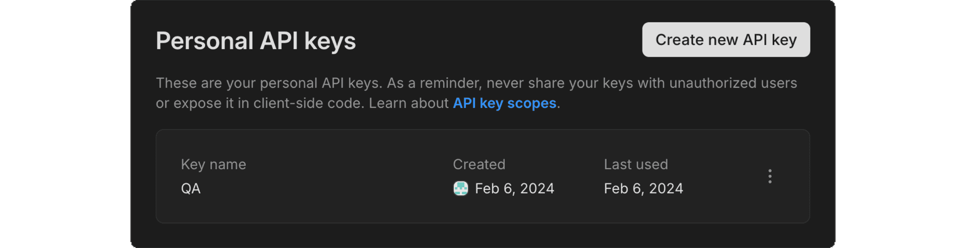 Personal API keys section in Account settings.